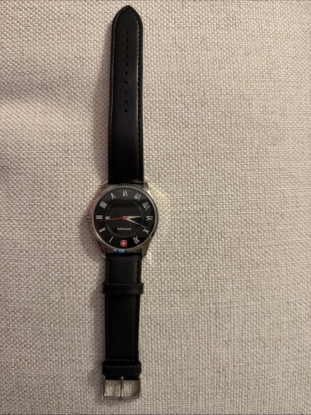 Wenger Black Dial Black Leather Strap Men's Watch